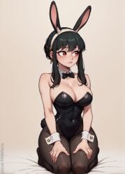 1girls ai_generated big_breasts black_hair bunnysuit female female_only human looking_away_from_viewer playboy_bunny powwyarts red_eyes solo spy_x_family yor_briar yor_forger