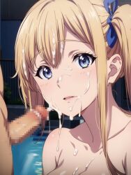 ai_generated big_breasts censored censored_penis cum cum_in_hair cum_on_breasts cum_on_face cum_on_hair kawakami_mai kneeling kneeling_oral_position musaigen_no_phantom_world nude nude_female pool standing standing_male