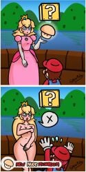 disappearing_clothes embarrassed embarrassed_nude_female enf female female_focus mario mario_(series) mushroom naked naked_female nude nude_female outdoors power_up princess princess_peach sqootshy suddenly_naked super_mario_bros.