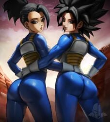 2d 2girls arm_around_waist armor ass big_ass black_hair breasts bubble_butt caulifla clothing dat_ass dragon_ball dragon_ball_super ear_piercing earrings elitenappa female female_only female_saiyan full_color fully_clothed gloves huge_ass kale looking_at_viewer looking_back multiple_girls no_penetration piercing saiyan saiyan_armor skin_tight spandex thick_thighs universe_6/universe_7 vegeta_(cosplay) wide_hips