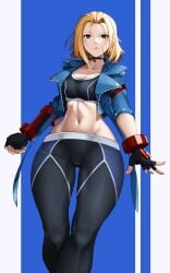 1girls belly_button big_breasts blonde_hair blue_eyes bob_cut cammy_white choker female female_only fully_clothed gloves leggings looking_at_viewer luxpineapple open_jacket scar short_hair slim_waist solo sports_bra sportswear street_fighter street_fighter_6 thick_thighs thigh_gap wide_hips