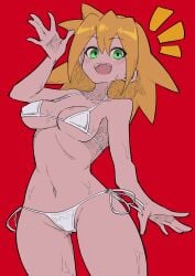 1girls arm_up blonde_hair blush buzzlyears female green_eyes mega_man mega_man_legends roll_caskett short_hair solo solo_female sweat underwear white_underwear