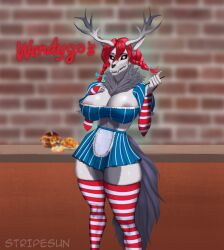 american_mythology anthro bottomwear clothing cryptid female food gloves hair handwear hi_res indigenous_north_american_mythology legwear mythology north_american_mythology red_hair restaurant skirt solo stockings sunstripe tagme text thick_thighs thigh_highs waiter wendigo wendy's wide_hips