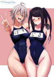 2girls ;d abs absurdres ahoge alternate_costume blush breasts competition_school_swimsuit covered_navel dana_zane embarrassed grey_hair highleg highleg_swimsuit highres jill_stingray julianne_stingray katsuragi_nantoka long_hair mechanical_arms multiple_girls name_tag narrow_waist navel one-piece_swimsuit one_eye_closed open_mouth purple_hair red_eyes school_swimsuit short_hair single_mechanical_arm smile swimsuit twintails v va-11_hall-a