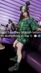 3d big_balls big_penis billie_eilish bored_expression caption flaccid flaccid_penis fortnite futanari hung_futanari long_nails lotion lotion_bottle nail_polish nike oversized_shirt snapchat text text_box veiny_penis