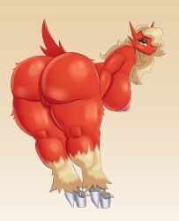 absurd_res anthro areola ass bent_over big_butt biped blaziken blonde_hair breasts clothing eyelashes female footwear fur generation_3_pokemon hair hi_res high_heels huge_butt looking_at_viewer looking_back nintendo nipples pokemon pokemon_(species) pupils red_body revifrry smile solo