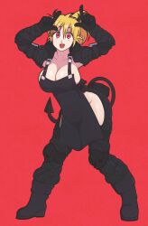 1girls apron blonde_hair boots busty cleavage devil_tail dorohedoro gloves horns jeffmiga light-skinned_female light_skin nikaido nikaidou_(dorohedoro) red_eyes skulls tail