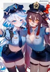 2girls ai_generated belly belt_skirt blue_eyes blue_hair blush breasts brown_hair female female_only fishnets fully_clothed furina_(genshin_impact) genshin_impact hat hu_tao_(genshin_impact) indifferent looking_at_viewer midriff miniskirt necktie petite police police_uniform policewoman red_eyes revealing_clothes skimpy_clothes skirt small_breasts stockings thighhighs tight_clothing tight_skirt uniform wholesome