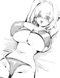 :3 arms_up bikini blush breasts cleavage double-parted_bangs elegg_(nikke) female goddess_of_victory:_nikke greyscale hair_between_eyes hair_intakes highres huge_breasts looking_at_viewer lying monochrome navel olys on_back open_mouth short_hair sketch small_sweatdrop solo sweat swimsuit twitter_username