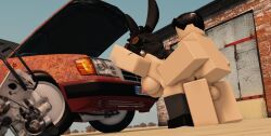 1boy 1girls 3d against_car angelo_(myrealdamage) areolae balls breasts car dusty_trip female mostly_nude myrealdamage nipples nude outside penis roblox roblox_avatar roblox_game robloxian shoes tagme thighhighs