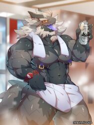 2023 3:4 abs achakura ahoge alcohol anthro araya_(achakura) asahi_breweries asahi_super_dry beard beard_ponytail beer beverage beverage_can biceps big_bulge big_muscles biped black_body black_countershading black_horn black_inner_ear black_scales black_tail blue_tongue blush bodily_fluids bulge claws clock clothed clothing colored countershade_legs countershade_scales countershade_tail countershade_torso countershading detailed_background detailed_bulge digital_media_(artwork) dragon facial_hair finger_claws front_view genital_outline glistening glistening_body glistening_scales gloves_(marking) grey_body grey_ears grey_hair grey_scales grey_tail hair hi_res holding_beer holding_beverage holding_object horn inside kemono locker_room long_hair looking_at_viewer male male_anthro markings midriff monotone_hair mostly_nude multicolored_body multicolored_scales multicolored_tail muscular muscular_anthro muscular_male mythological_creature mythological_scalie mythology navel open_mouth open_smile pecs penis_outline portrait pubes pupils quads red_eyes reverse_countershading sauna scales scalie shaded smile solo standing steam sweat tail teeth thick_thighs three-quarter_portrait tongue tongue_out towel towel_around_neck towel_around_waist towel_only two_tone_body two_tone_scales two_tone_tail watch white_claws wristwatch yellow_sclera