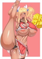 1girls blonde_hair cheerleader cheerleader_uniform exposed_underwear gonbe_(cfkk8375) large_breasts onizaki_kirara standing_split taimanin_(series) taimanin_rpgx tan_skin thick_thighs twintails visible_areolae