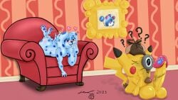 absurd_res anthro anthro_only aroused big_penis blue's_clues blue_(blue's_clues) canid canine canis chair coldbrew confusion crossover detective_pikachu detective_pikachu_(series) domestic_dog duo female framed_picture furniture generation_1_pokemon generation_2_pokemon genitals graduation_cap hi_res huge_cock hyper hyper_genitalia hyper_penis magnifying_glass male male/female mammal marill nickelodeon nintendo penis pikachu pokemon pokemon_(species) tail tail_motion tailwag