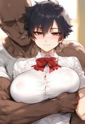 1boy 1girls ai_generated arisawa_tatsuki black_hair bleach breast_grab dark-skinned_male dark_skin gigantic_breasts huge_breasts interracial light-skinned_female light_skin looking_at_viewer massive_breasts muscular_male nakatori nude nude_male red_eyes school_uniform schoolgirl short_hair shounen_jump smiling squatting sweat sweatdrop tatsuki_arisawa tomboy voluptuous voluptuous_female