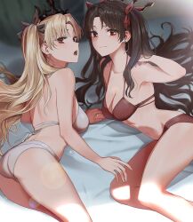 2girls bed black_hair blonde_hair earrings ereshkigal_(fate) fate_(series) female female_only hyury ishtar_(fate) multiple_girls red_eyes red_underwear tagme twintails underwear white_underwear