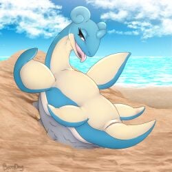 1:1 animal_genitalia aquatic_animal barndog beach beached cloaca female feral flippers generation_1_pokemon genitals hi_res horn lapras lying nintendo on_back pokémon pokémon_(species) sand sea shell smile smiling_at_viewer smirk smirking_at_viewer solo solo_focus teeth tongue tongue_out water