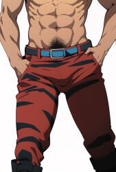 1boy ai_generated bulge_through_clothing crotch_focus guido_mista hands_in_pockets head_out_of_frame jojo's_bizarre_adventure male male_only muscular_male pubic_hair simple_background solo vento_aureo