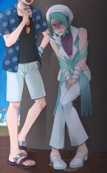 2boys fully_clothed humiliation male omorashi peeing peeing_self pokemon potty_dance steven_stone_(pokemon) urine urine_pool wallace_(pokemon) wetting wetting_clothing yaoi