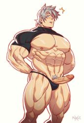 1boy abs alternate_muscle_size alternate_pectoral_size arms_behind_back bara bare_pectorals black_male_swimwear blue_eyes blush clothing_aside erection fate/grand_order fate_(series) feet_out_of_frame highres large_pectorals looking_at_viewer male male_focus male_only male_pubic_hair male_swimwear male_underwear male_underwear_aside mavex muscular muscular_male nipples pectorals penis percival_(fate) pubic_hair short_hair shrug_(clothing) solo standing stomach thick_thighs thighs underwear veins veiny_penis white_hair