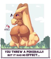 amailemon anthro anus ass big_anus big_butt big_butthole big_ears black_sclera blonde_hair blush brown_body brown_fur brown_tail bubble_butt butt_focus curvy_figure donut_anus female fur generation_4_pokemon genitals grass hair hi_res looking_at_viewer looking_back lopunny nintendo on_grass onomatopoeia pink_eyes plant pokeball pokemon pokemon_(species) pussy shrub sky solo sound_effects surprise surprised_expression tail text thick_thighs wide_hips