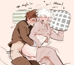 2boys bishonen blush closed_eyes cum cum_in_ass cum_inside danganronpa danganronpa_2:_goodbye_despair fucked_from_behind half_naked hickey hinata_hajime messy_hair moaning nagito_komaeda pillow pillow_grab pleasure_face saliva sheet straight_hair yaoi