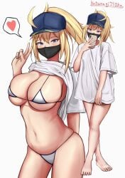 absurdres alternate_costume artoria_pendragon_(fate) baseball_cap bikini blonde_hair blue_eyes blush breasts cellphone cleavage clothes_lift commentary_request fate/grand_order fate_(series) female hat heart highres katsuragi_nantoka loose_clothes loose_shirt mask mouth_mask mysterious_heroine_xx_(fate) mysterious_heroine_xx_(foreigner) navel phone ponytail selfie shirt shirt_lift smartphone spoken_heart swimsuit thighs v white_background white_shirt wholesome