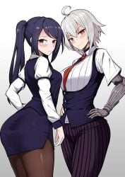 2girls ahoge ass bartender black_hair black_vest blush breasts closed_mouth collared_shirt cowboy_shot dana_zane female female_only from_behind fully_clothed grey_hair hands_on_own_hips highres jill_stingray julianne_stingray juliet_sleeves katsuragi_nantoka large_breasts long_hair long_sleeves looking_at_viewer looking_back mechanical_arms multiple_girls necktie pants pantyhose pencil_skirt pinstripe_pants pinstripe_pattern prosthesis prosthetic_arm puffy_sleeves red_eyes red_necktie shirt short_hair short_sleeves sidelocks sideways_glance simple_background single_mechanical_arm skirt smile striped swept_bangs twintails va-11_hall-a vest white_background white_shirt wide_hips