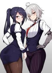 2girls ahoge ass bartender black_hair black_vest blush breasts closed_mouth collared_shirt cowboy_shot dana_zane female female_only from_behind fully_clothed grey_hair hands_on_own_hips highres julianne_stingray juliet_sleeves katsuragi_nantoka large_breasts long_hair long_sleeves looking_at_viewer looking_back mechanical_arms multiple_girls necktie pants pantyhose pencil_skirt pinstripe_pants pinstripe_pattern prosthesis prosthetic_arm puffy_sleeves red_eyes red_necktie shirt short_hair short_sleeves sidelocks sideways_glance simple_background single_mechanical_arm skirt smile striped swept_bangs twintails va-11_hall-a vest white_background white_shirt wide_hips