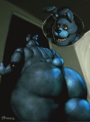 animatronic anthro ass big_butt blue_body bonnie_(fnaf) five_nights_at_freddy's hi_res koenics lagomorph leporid looking_at_butt machine male male_only mammal rabbit robot scottgames slightly_chubby solo tail thick_thighs