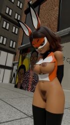 1girls 3d 3d_(artwork) alya_3d alya_cesaire amber_eyes big_breasts bottomless breast_cutout breasts breasts_out brown_hair dark-skinned_female dark_skin eye_mask female female_only fox_ears looking_down miraculous:_tales_of_ladybug_and_cat_noir miraculous_ladybug nipples pubic_hair rena_rouge solo superheroine thighhighs