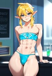 ai_generated blonde_hair blue_eyes earrings elf_ears femboy hylian light-skinned_male link looking_at_viewer lustre male pointy_ears solo the_legend_of_zelda underwear