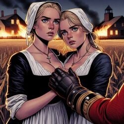 2girls ai_generated american_revolution blonde_hair_female blue_eyes_female burning_building clothed coif conquered cross_necklace crying_with_eyes_open dall-e3 defeated disembodied_hand femsub field_background historical historical_porn history military_uniform pilgrim puritan sisters soldiers spoils_of_war surrendering tagme wheat_field
