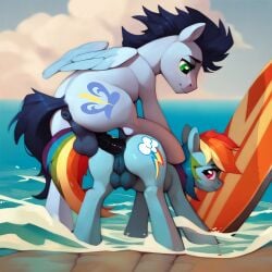 ai_generated anal anus balls crotchboobs doggy_style equine horsecock my_little_pony nipples ocean pony rainbow_dash_(mlp) soarin_(mlp) surfboard vagina