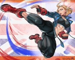1girls abs big_breasts blonde_hair blue_eyes cammy_white capcom clothed clothing color female female_focus female_only fit_female hi_res juaagacgy kicking kicktyan large_breasts light-skinned_female light_skin muscles muscular muscular_female muscular_legs muscular_thighs scar short_hair solo solo_female street_fighter street_fighter_6 tagme thick_thighs