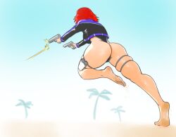 1girls ass beach female firearm gun handgun human joanna_dark leotard necrolepsy outerwear pale_skin perfect_dark thighs weapon