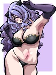 1girls arm_up armpits bare_midriff bare_thighs black_panties bra breasts camilla_(fire_emblem) cleavage elbow_gloves female female_only fire_emblem fire_emblem_fates gloves hair_over_one_eye horns inabakun00 large_breasts long_hair looking_at_viewer midriff navel nintendo open_mouth panties pink_eyes purple_background purple_hair smile solo thighs underwear very_long_hair