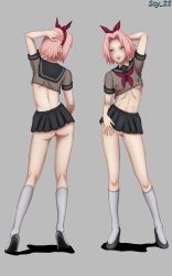 1girls alternate_costume arm_behind_head ass female full_body kerchief midriff miniskirt naruto naruto_(series) naruto_shippuden neckerchief no_bra no_panties pink_hair revealing_clothes ribbon sakura_haruno school_uniform schoolgirl scy_25 see-through see-through_clothing shoes skimpy skimpy_clothes skirt small_breasts small_clothes socks tongue tongue_out