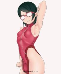 1girls alternate_version_available armpit_fetish armpits arms_up bare_thighs black_hair boruto:_naruto_next_generations clenched_teeth clothing dress female female_focus female_only glasses hi_res high_resolution highres light-skinned_female light_skin naruto naruto_(series) notaredesuyo pale-skinned_female pale_skin perky_breasts petite pinup pose posing sarada_uchiha short_dress short_hair shounen_jump skimpy skimpy_clothes skimpy_dress sleeveless sleeveless_dress small_breasts solo solo_female solo_focus standing teeth teeth_showing thighs tight_clothing tight_dress tomboy