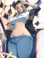 alternate_costume big_breasts choker female female_only gun jeans nami one_piece opalisart post-timeskip underboob