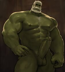 1boy abs balls dilf dopq erection fangs genitals green_body green_skin hair hi_res humanoid male male_only muscular muscular_humanoid muscular_male nipples older_male orc orc_male pecs penis solo teeth white_hair