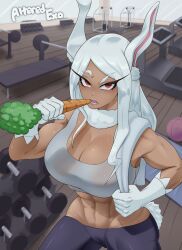 abs alteredexo big_breasts brown_skin bunny_ears bunny_girl bunny_tail cameltoe female gym miruko muscular my_hero_academia red_eyes rumi_usagiyama sweat sweatdrop tanned_skin toned white_hair workout