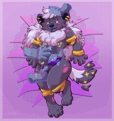 anthro astra_hyena blush disembodied_hand excited feeling_up fur genitals ghost_hands hair hi_res hyena jewelry jonky knot lying male mammal on_back penis purple_body purple_eyes purple_fur purple_hair purple_penis solo spots star_marking tail tail_motion tailwag