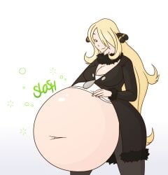 ambiguous_pred belly big_belly blonde_female blonde_hair cynthia_(pokemon) digestion digestion_noises exposed_belly female_pred irateliterate oral_vore pokemon soft_vore vore vore_belly