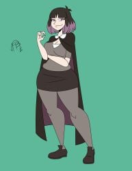 black_cape black_hair black_shoes black_skirt cape frostbiteboi grey_sweater grey_vest hilda_(series) huge_breasts kaisa_(hilda) large_breasts pale-skinned_female pale_skin pantyhose purple_eyes purple_hair thick_legs thick_thighs white_shirt wide_hips wide_thighs