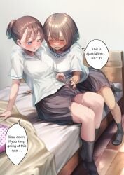 1futa 1girls ayanakitori bed black_legwear blue_eyes blush brown_eyes brown_hair clothed clothing covered_penis cum cum_on_hand cum_through_clothes duo edited english_text female fully_clothed futa_on_female futa_with_female futanari handjob handjob_over_clothes handjob_through_clothing highres horny human implied_futanari light-skinned_female light-skinned_futanari light_skin original penis premature_ejaculation school_uniform short_hair short_ponytail sitting skirt smile socks speech_bubble text translated