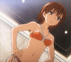 10s 1girls 2014 animated bare_shoulders bikini breasts brown_eyes brunette collarbone female frown hair_ornament hairclip hips indoor_pool indoors matching_hair/eyes midriff misaka_mikoto navel official_alternate_costume official_art orange_bikini orange_swimsuit short_hair small_breasts solo standing string_bikini sunlight swimsuit teenage_girl teenager to_aru_kagaku_no_railgun to_aru_majutsu_no_index young