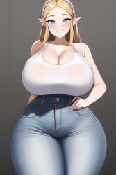 ai_generated blonde_hair blue_eyes curvaceous curvy curvy_figure gigantic_breasts hand_on_hip high_waisted_jeans huge_ass huge_breasts huge_hips hyper_thighs long_hair massive_thighs nai_diffusion princess_zelda shiny_clothes shiny_hair shiny_skin stable_diffusion tank_top the_legend_of_zelda thick_thighs thunder_thighs voluptuous white_tank_top wide_hips