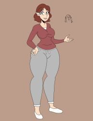 brown_hair frostbiteboi gray_hair grey_pants hand_on_hip hilda_(series) huge_breasts johanna_(hilda) large_breasts light-skinned_female light_skin red_sweater thick_legs thick_thighs white_shirt white_shoes wide_hips wide_thighs