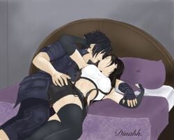 1boy 1girls ass_on_crotch black_hair crossover dinahh female final_fantasy final_fantasy_vii final_fantasy_xv fingerless_gloves gloves hand_in_hair hand_on_head hand_on_hip legwear male male/female noctis_lucis_caelum on_bed on_side open_mouth short_skirt straight thighhighs tifa_lockhart