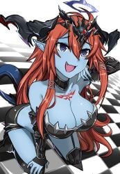 1boy 1girls bikini_armor blue-skinned_female blue_skin chrono_ma:gaia dark_gleam_divine_queen_hera halo horns oerba_yun_fang open_mouth orange_hair pink_nose_(artist) purple_eyes tail textless